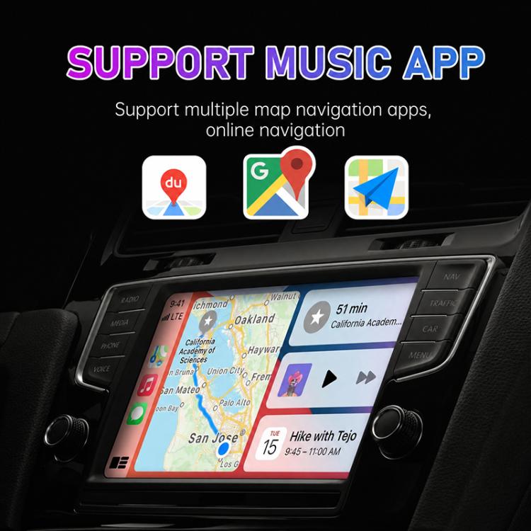 Car infotainment screen showing map navigation apps and route views