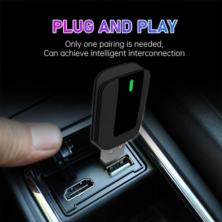 Compact black wireless adapter plugged into car USB port with green indicator light