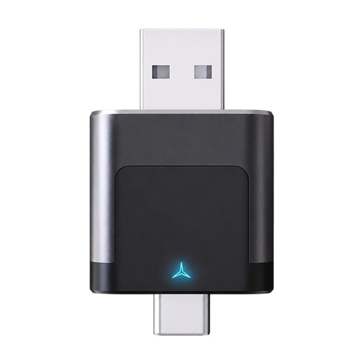 2-in-1 car CarPlay adapter, black and silver with USB plug and blue status light