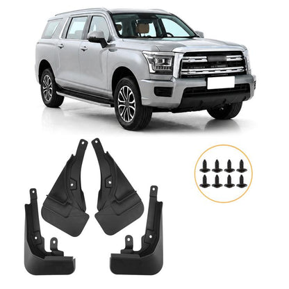 Set of four black mud flaps with mounting screws for front and rear splash protection
