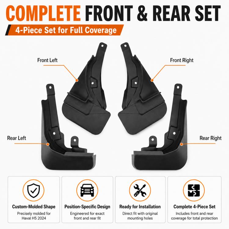 Four-piece set of black mud flaps labeled front left/right and rear left/right