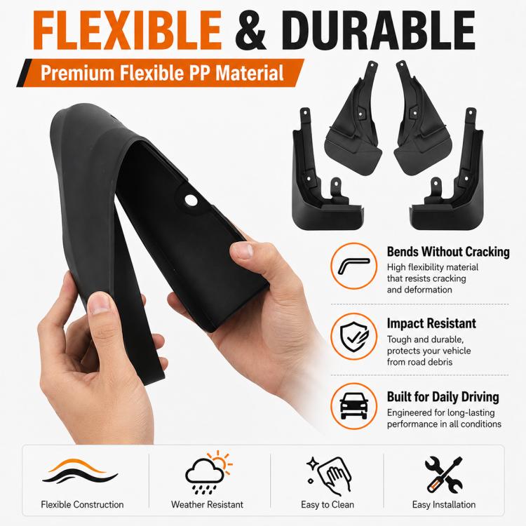 Black flexible PP mud flap section with mounting holes, designed to bend without cracking