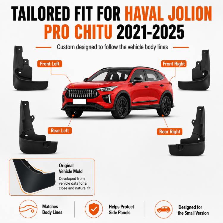 Black splash flaps tailored for front left, front right, rear left, rear right