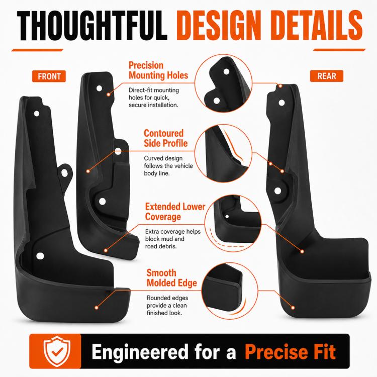 Black splash flap set with contoured side profile and extended lower coverage
