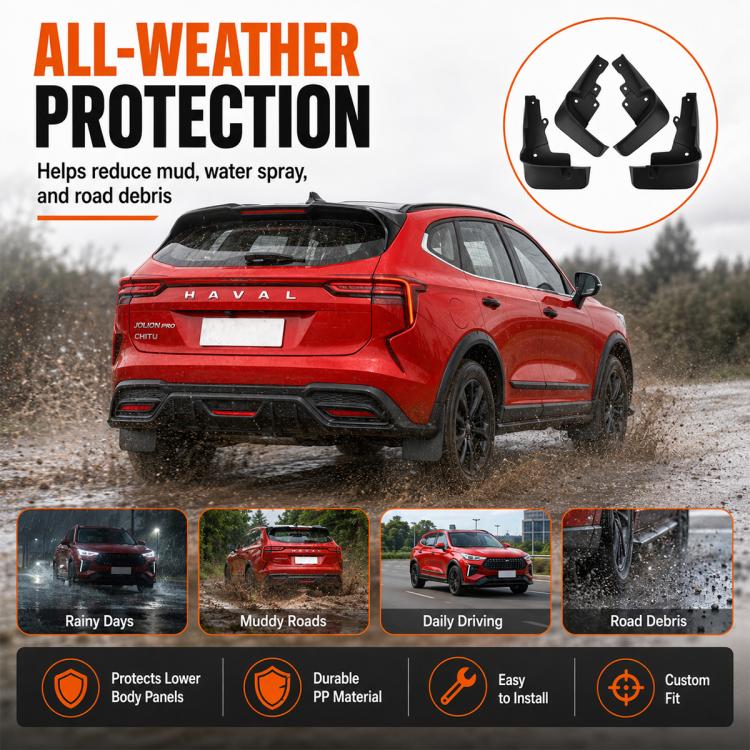 All-weather black splash flap set for reduced road debris and water spray