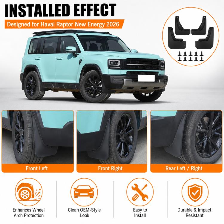 Installed effect of black wheel splash flaps on front and rear wheel areas