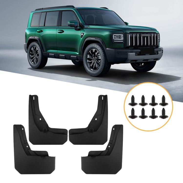 Black 4-piece car mud flap splash guards set for wheel wells, with mounting bolts