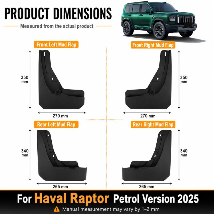 Set of 4 black mud flap splash guards for front and rear left/right.