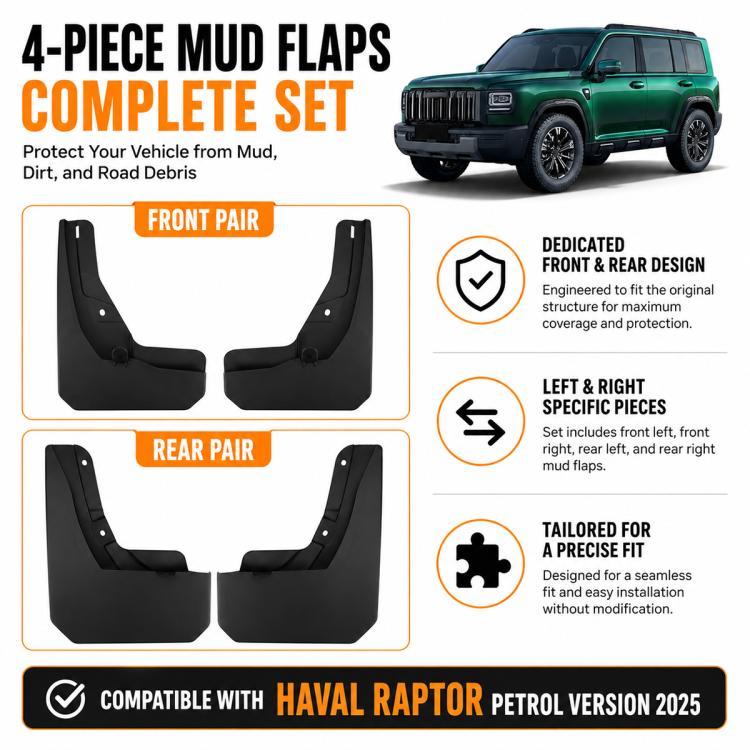 4-piece black mud flap splash guard set with front and rear pair, molded fit