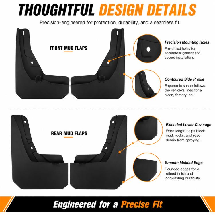 Black front and rear mud flaps with precision mounting holes, tailored contour edge