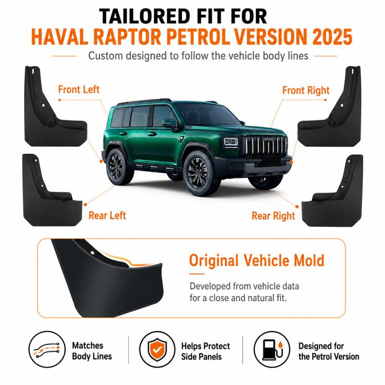 Black mud flap set with front-left, front-right, rear-left, rear-right positions