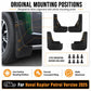 Black mud flaps with mounting screws included and installation points for wheel areas