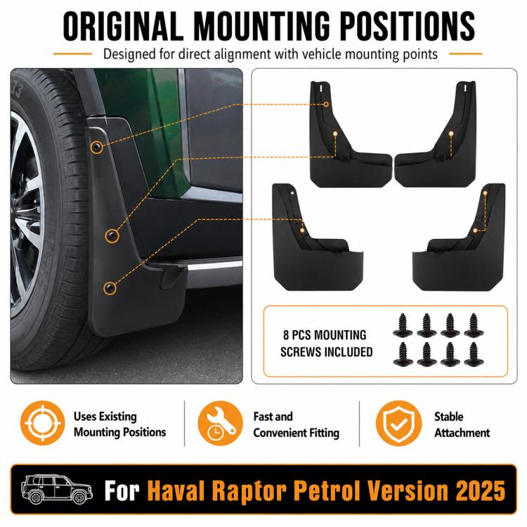 Black mud flaps with mounting screws included and installation points for wheel areas