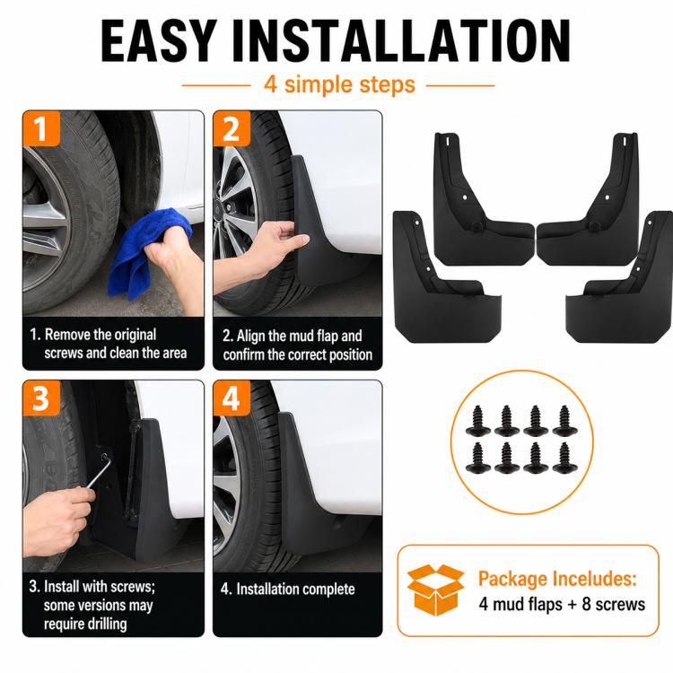 Black mud flaps set with included screws for simple step-by-step installation