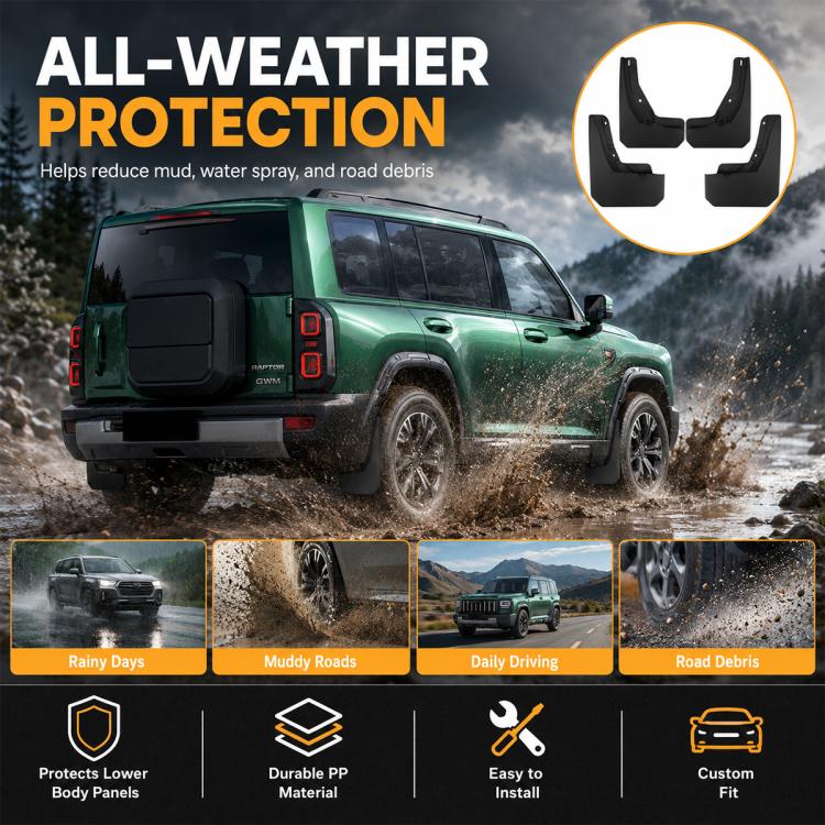 Black mud flap splash guards on a vehicle, designed for all-weather road debris protection