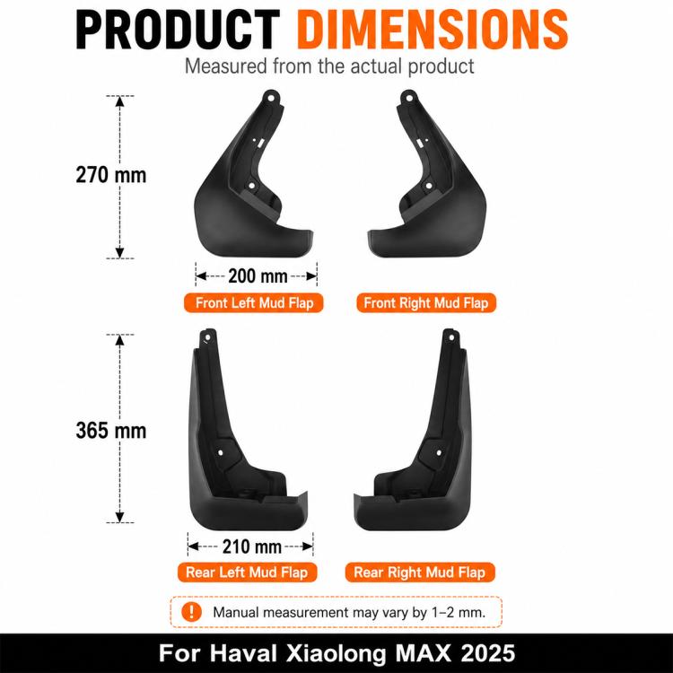 Black car wheel splash flaps set, 4 fender guards with mounting holes and sizes