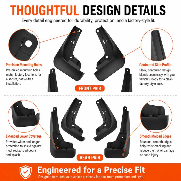 Contoured black splash flap set with precise mounting holes and smooth edges