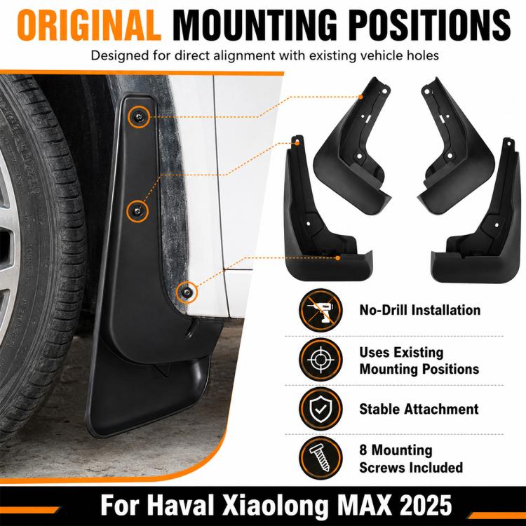 Black mud flap set designed for no-drill fit using existing mounting positions