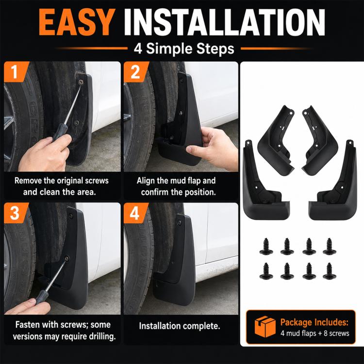 Black splash flap set with included screws, shown installed and aligned