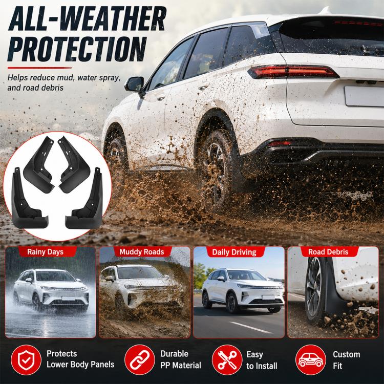 Black wheel splash flap guards to help reduce mud and road debris
