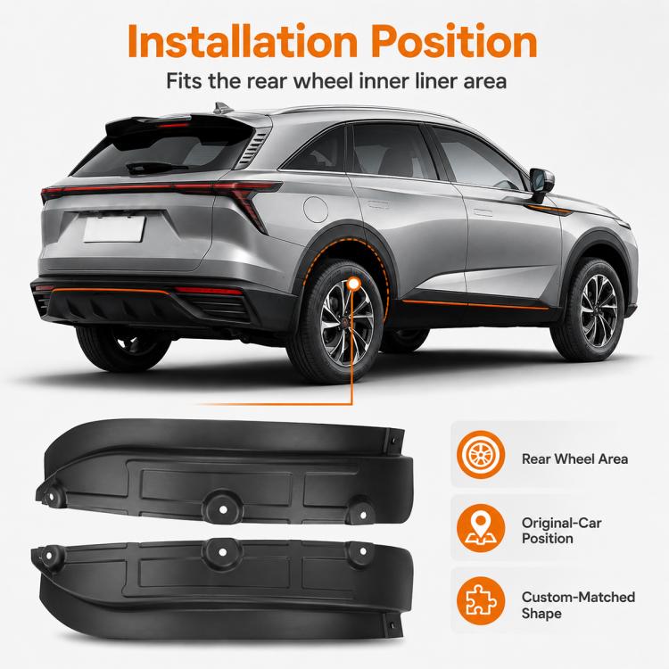 Rear wheel splash flap guard pair, shown for left and right rear wheel areas