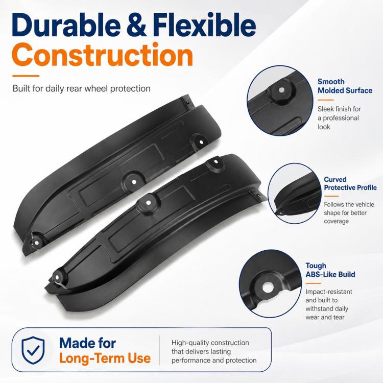 Durable black ABS-like rear wheel splash flap guards, smooth molded surface