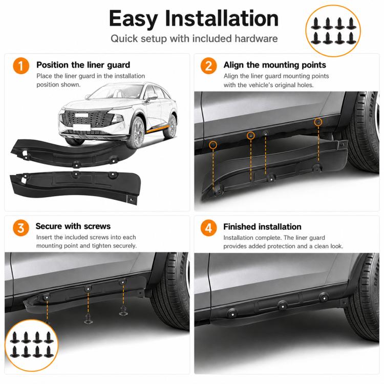 Black rear wheel splash flaps with included mounting screws and easy installation fit