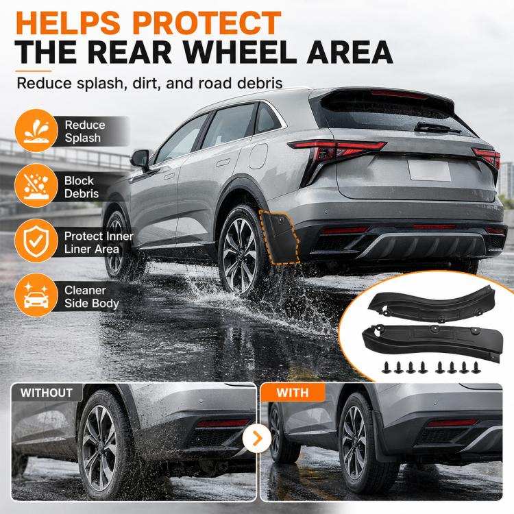 2-piece black splash flap guards to help reduce splash and road debris