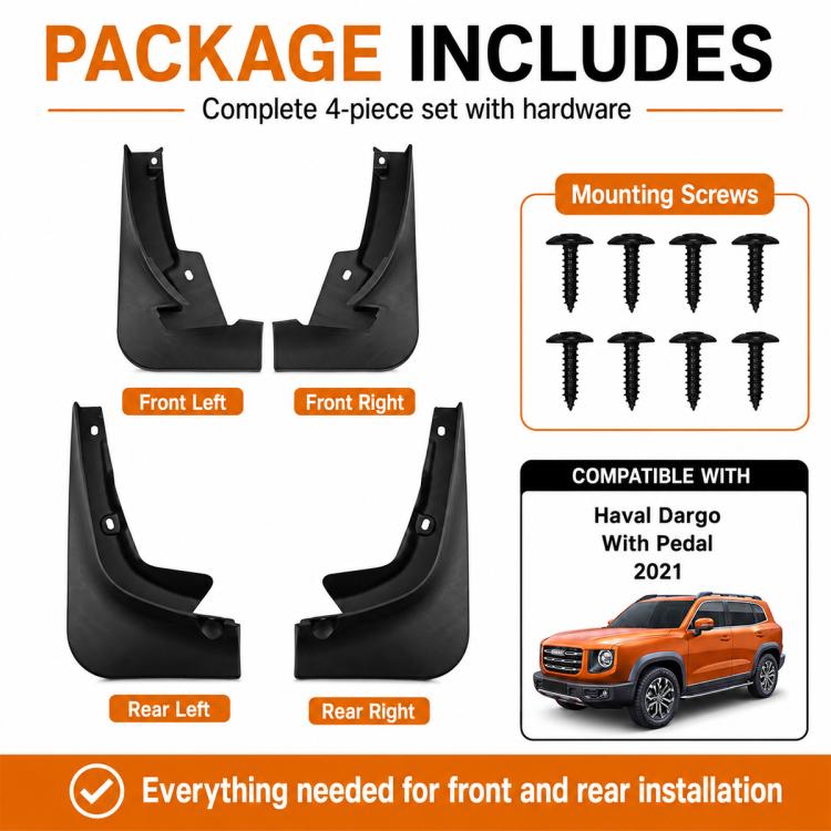 4-piece mud flap set with mounting hardware screws for front and rear installation