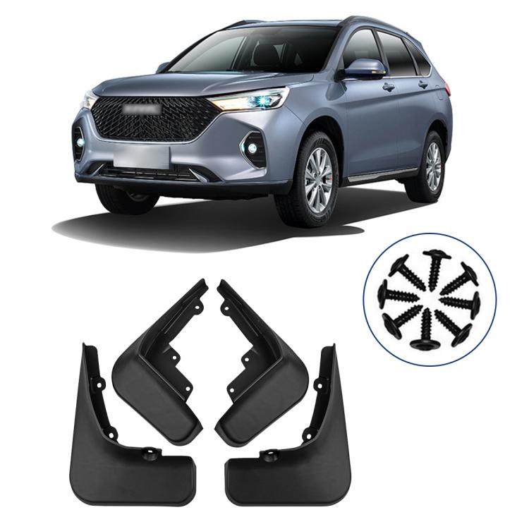 Set of four black car wheel splash flaps with mounting hardware
