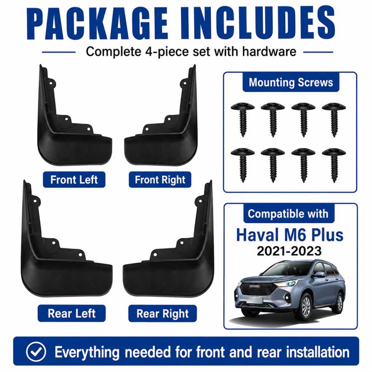 Black front and rear splash flap set with included screws and bolts