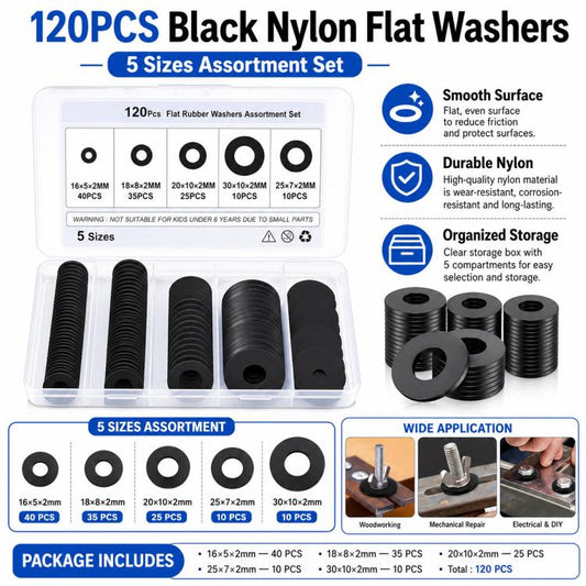 Black Nylon Flat Washer Insulating Round Spacers, 120 pcs Black