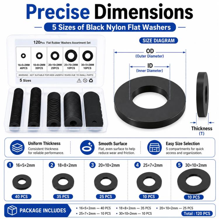 Black Nylon Flat Washer Insulating Round Spacers, 120 pcs Black