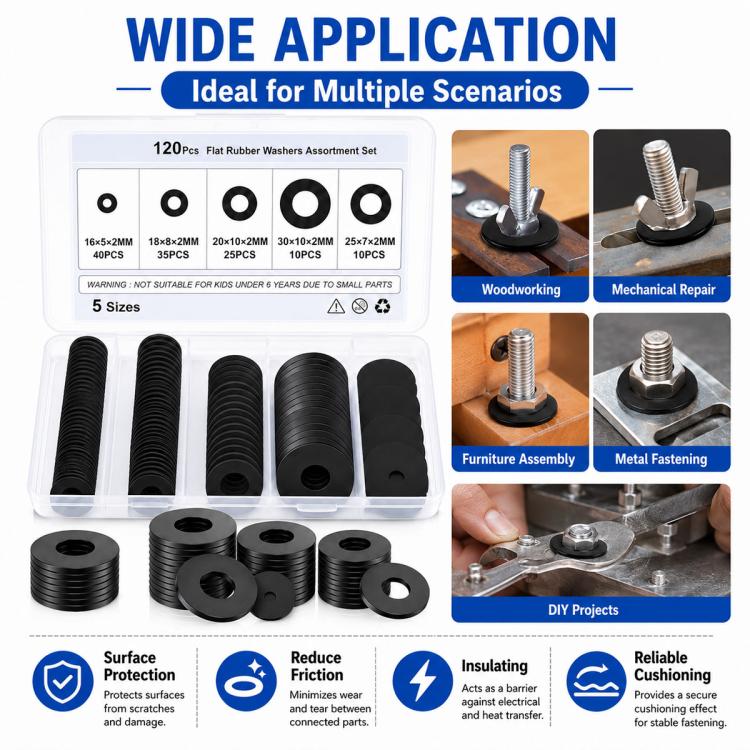 Black Nylon Flat Washer Insulating Round Spacers, 120 pcs Black