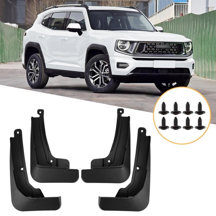 Black 4-piece wheel splash flap set with mounting holes and included screws