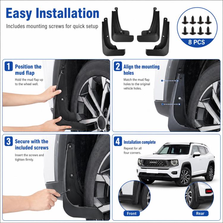 Black mud flaps installation kit with mounting screws and four splash guards