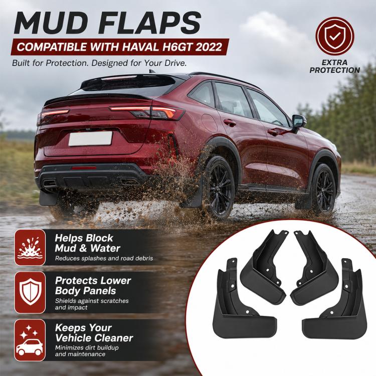 Black mud flap set for wheel splash protection, four molded guards