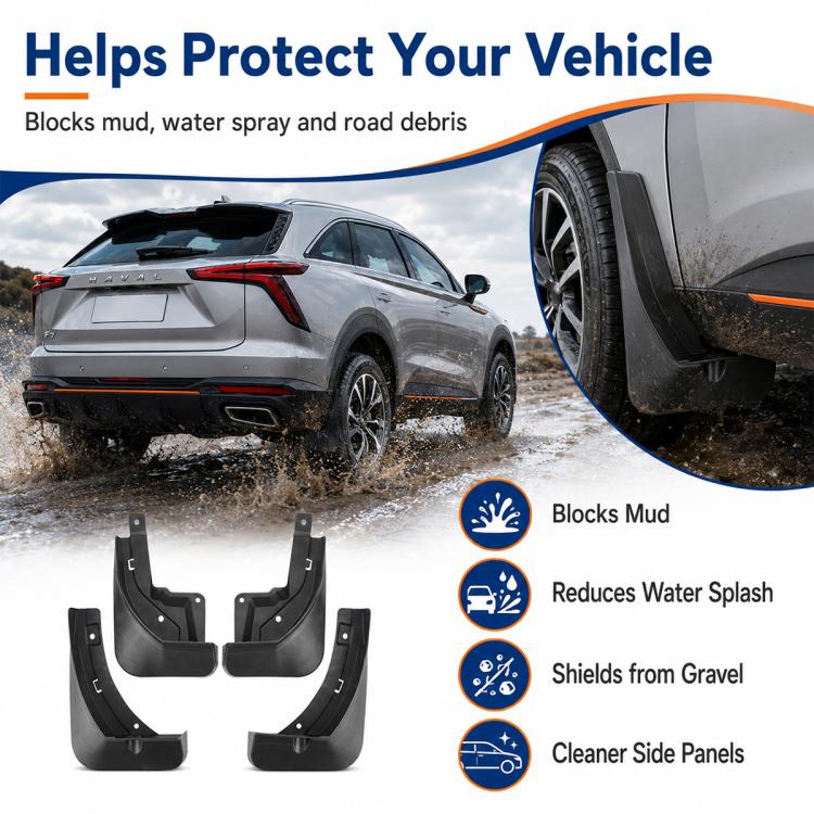 Black mud flap splash guards positioned at wheel edges to block road debris spray