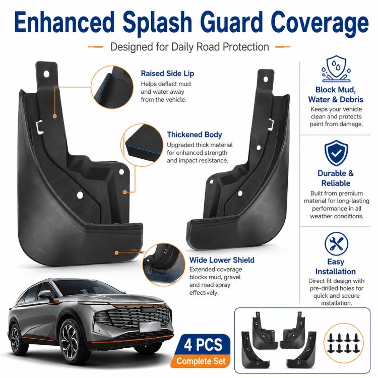 Four black splash guard flaps with thickened body and raised side lip design
