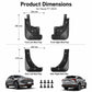 Black mud flap guards set shown with product dimensions and included mounting screws