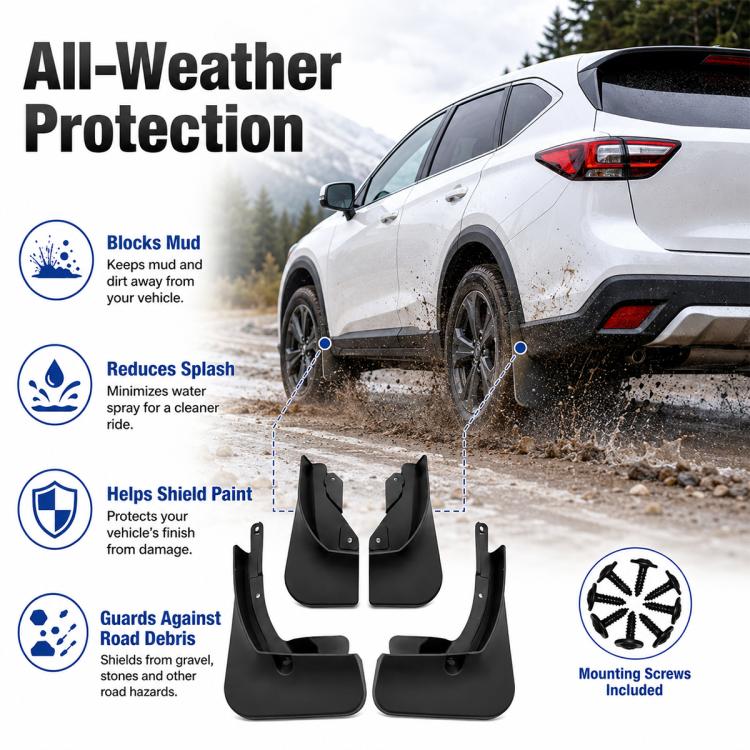 Black mud flaps installed on white SUV, front wheel splash guards
