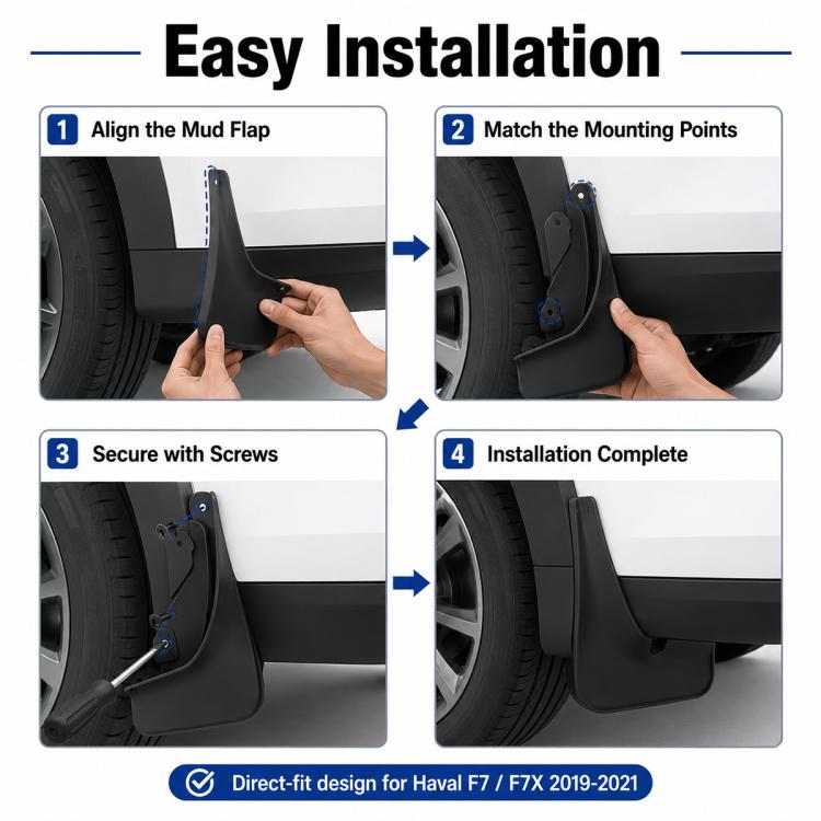 Black mud flaps installation view showing mounting points and screws