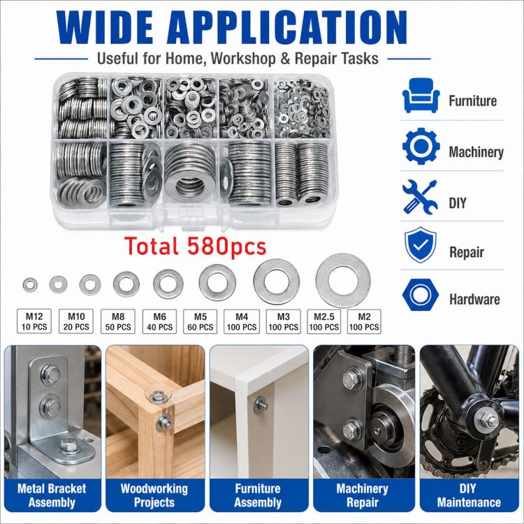 M2-M12 Flat Washer Insulating Round Spacers Suitable for Home use, M2 - M12 580 pcs
