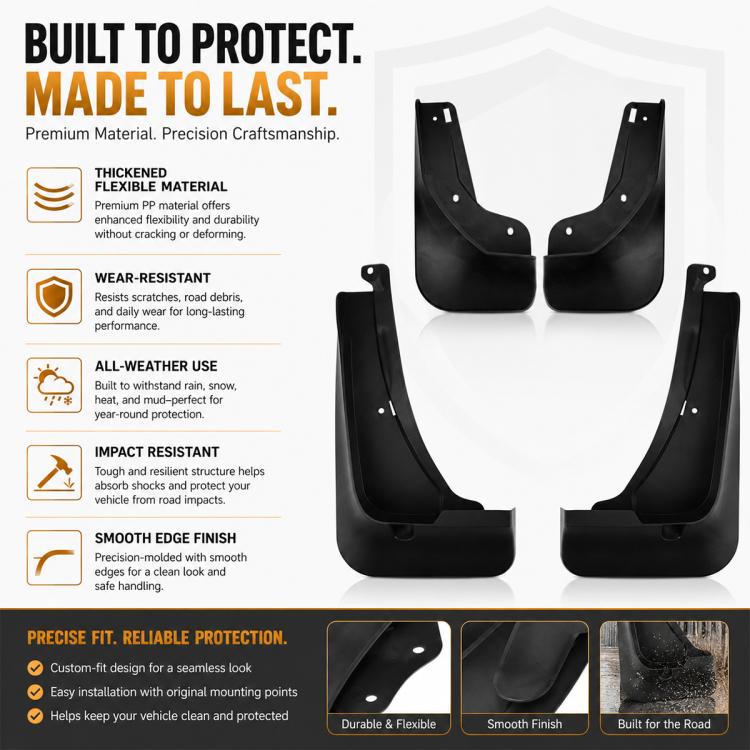 Black mudguards set with smooth edge finish and impact-resistant design, 4 pcs