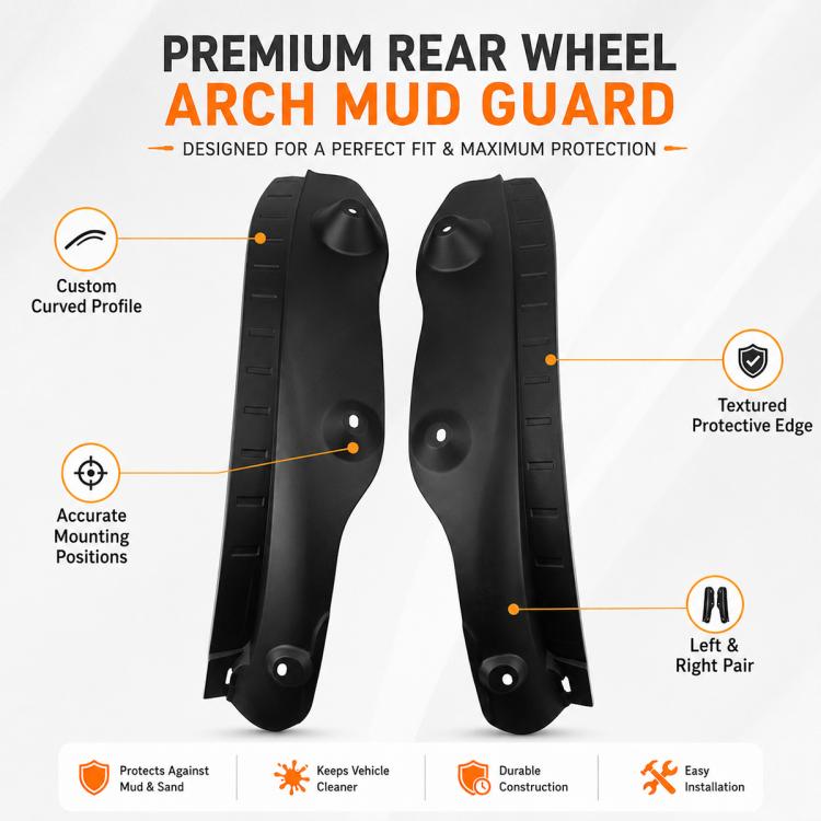 Black rear wheel arch mud guards, curved profile pair with protective textured edge