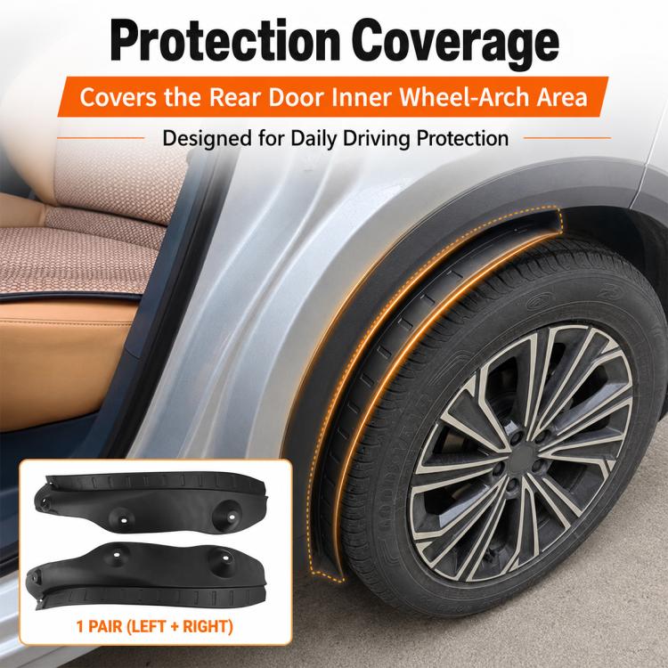 Black rear wheel arch guards installed near rear door inner wheel area, 2-piece set