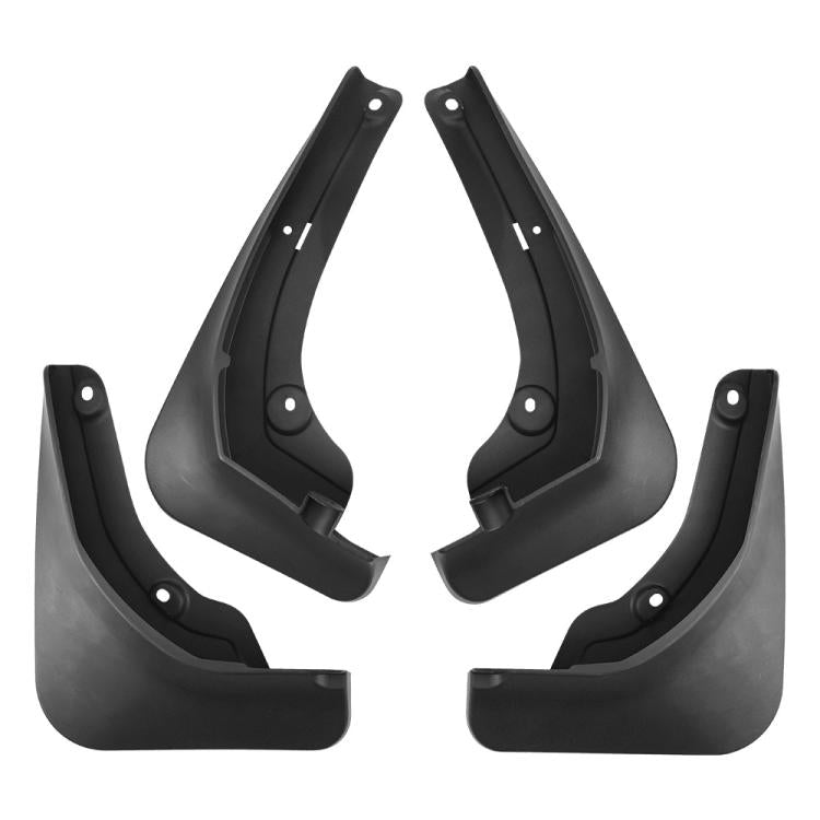 Four-piece black splash mud flap set, molded curved guards with mounting holes.