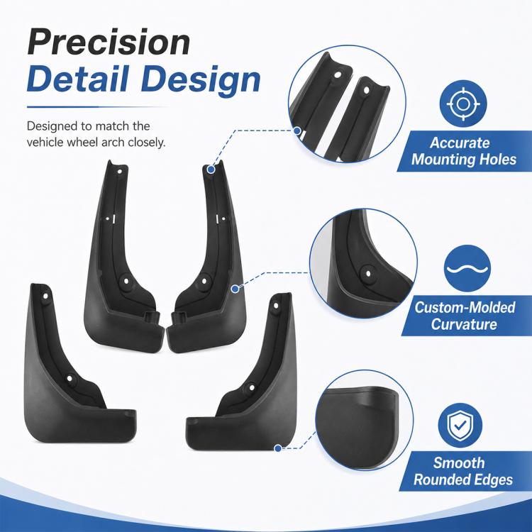 Black splash mud flap set with precision molded curve and round mounting holes.