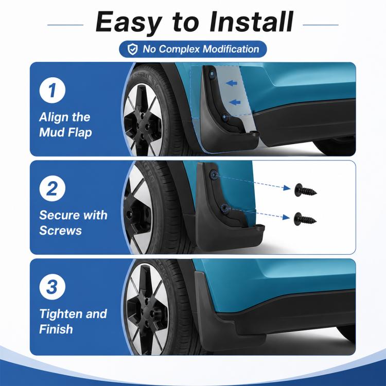 Black splash mud flaps kit with screws for easy installation and secure fit.