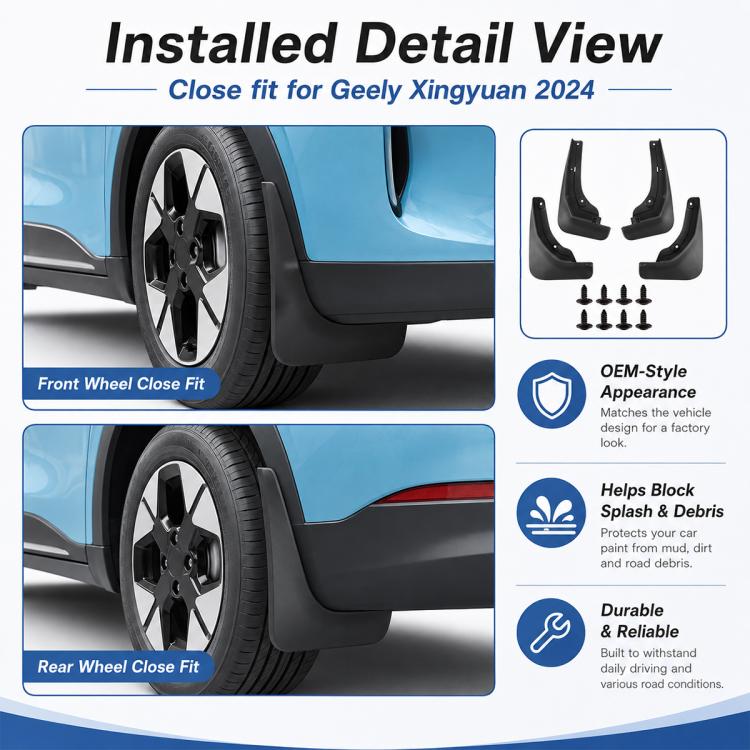 Installed black wheel splash flaps with front and rear close-fit contours.